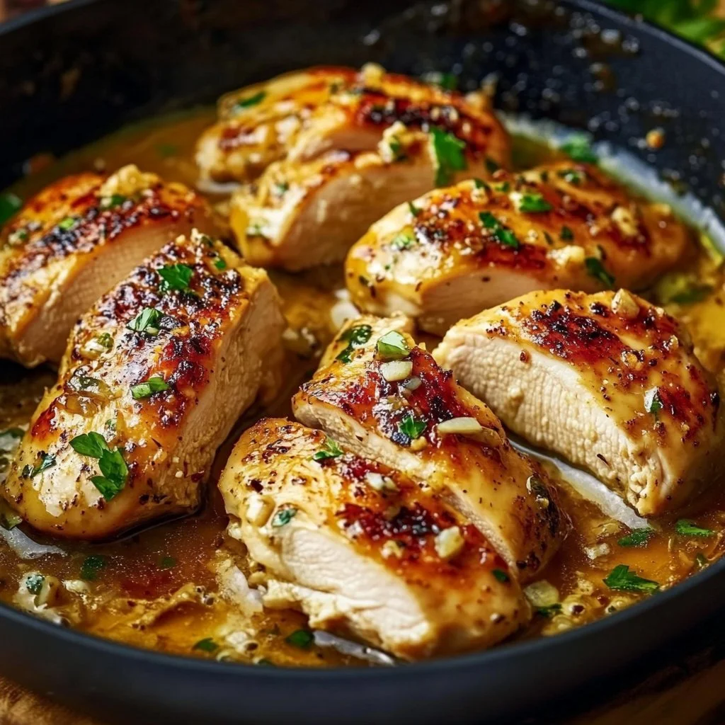 Delicious Skillet Garlic Butter Chicken garnished with herbs