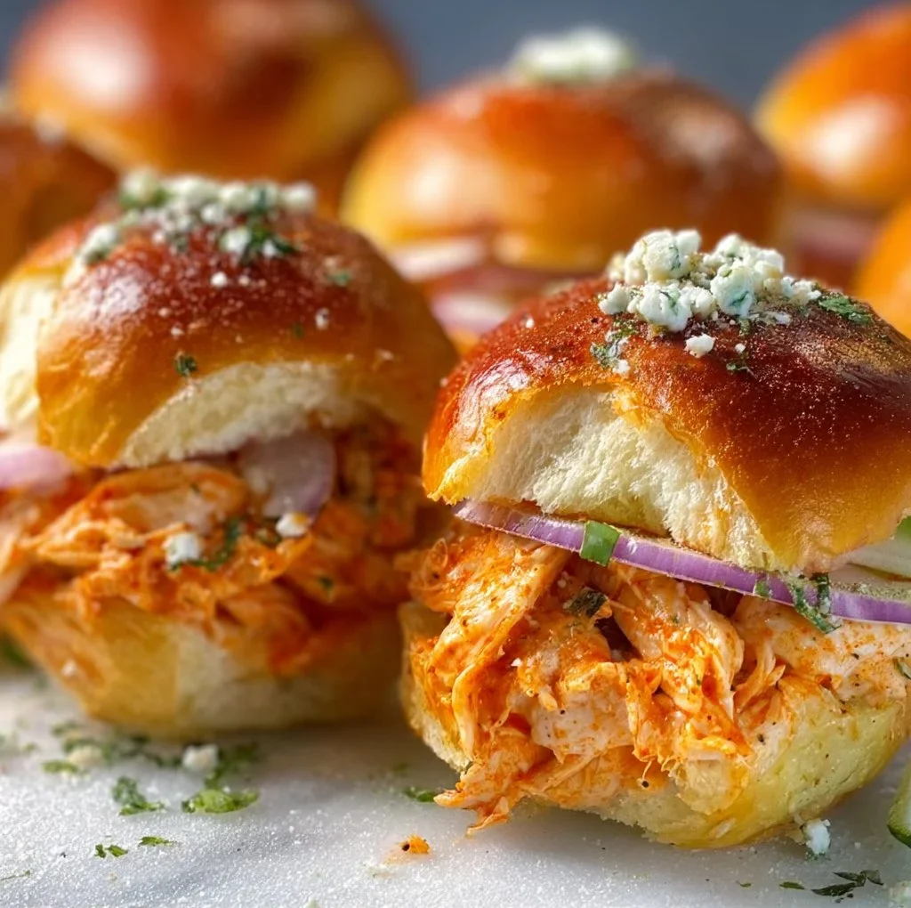 Spicy Buffalo chicken sliders served on a plate with toppings