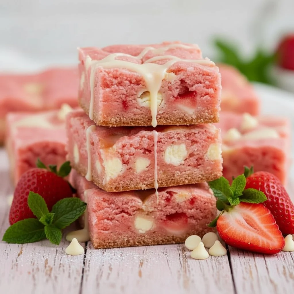 Delicious strawberry cake mix brownies served on a plate with fresh strawberries