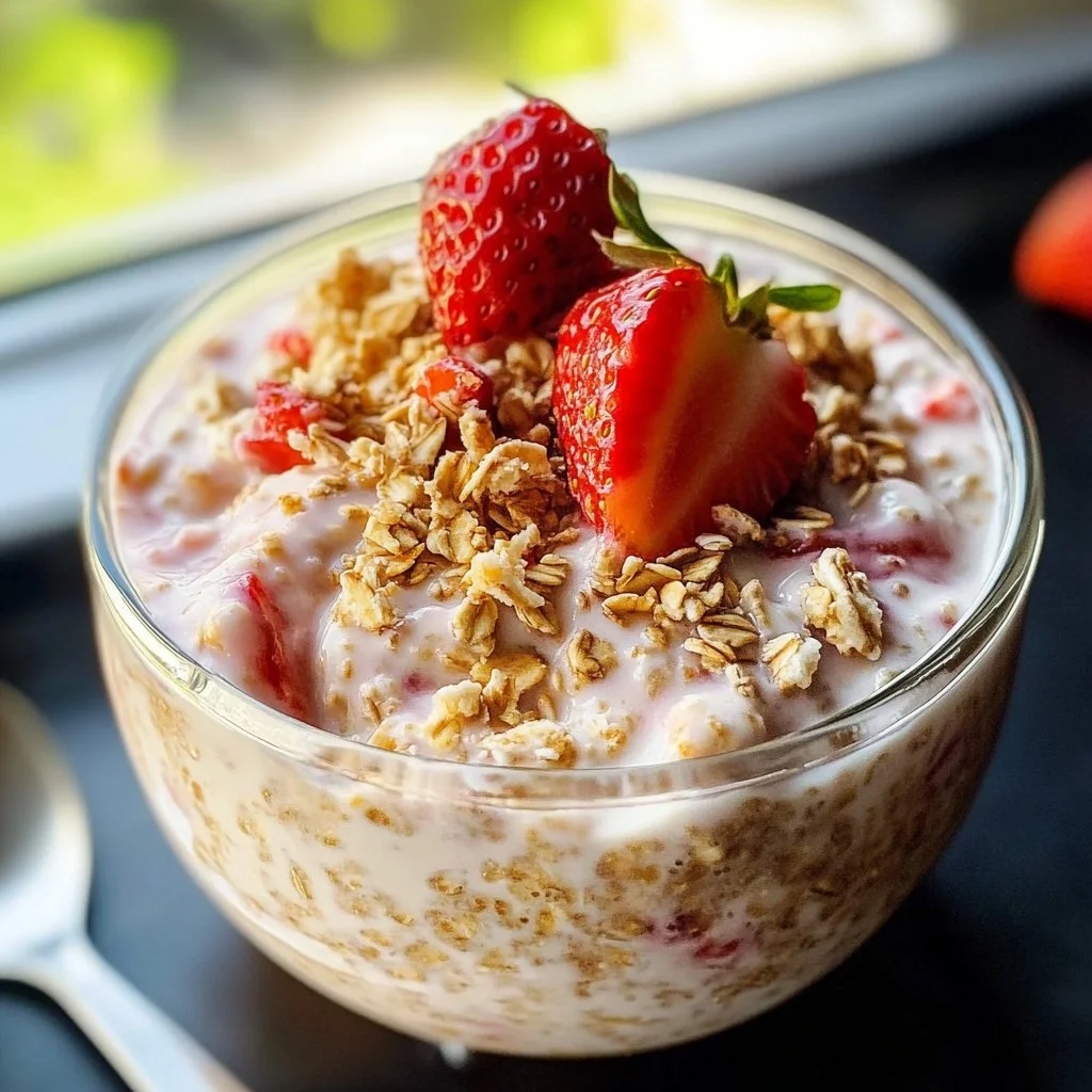 Strawberry Cheesecake Overnight Oats 3 Strawberry Cheesecake Overnight Oats topped with fresh strawberries and cheesecake.