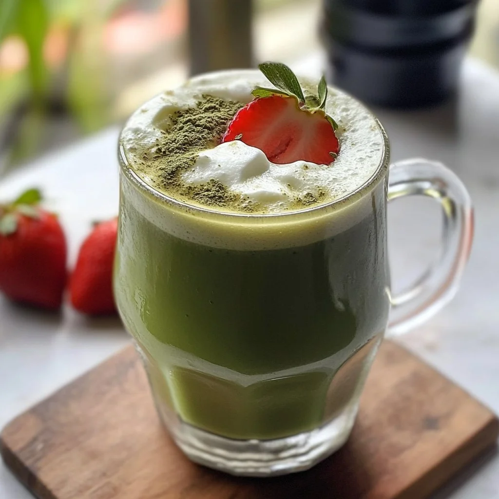 Fresh Strawberry Matcha Latte topped with vibrant strawberry slices and matcha powder
