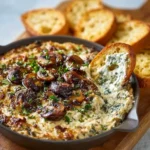 Delicious stuffed mushroom dip served in a bowl with crispy crackers.
