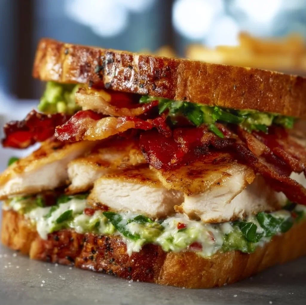 Ultimate Loaded Chicken Club Sandwich with crispy bacon and avocado ranch spread