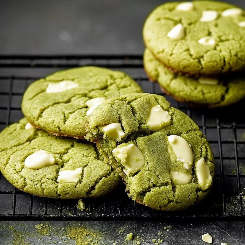 White Chocolate Matcha Cookies 3 White chocolate matcha cookies topped with creamy white chocolate chunks