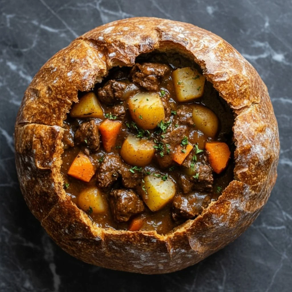 A bubbling pot of Witch's Cauldron Beef Stew filled with tender meat and vegetables.