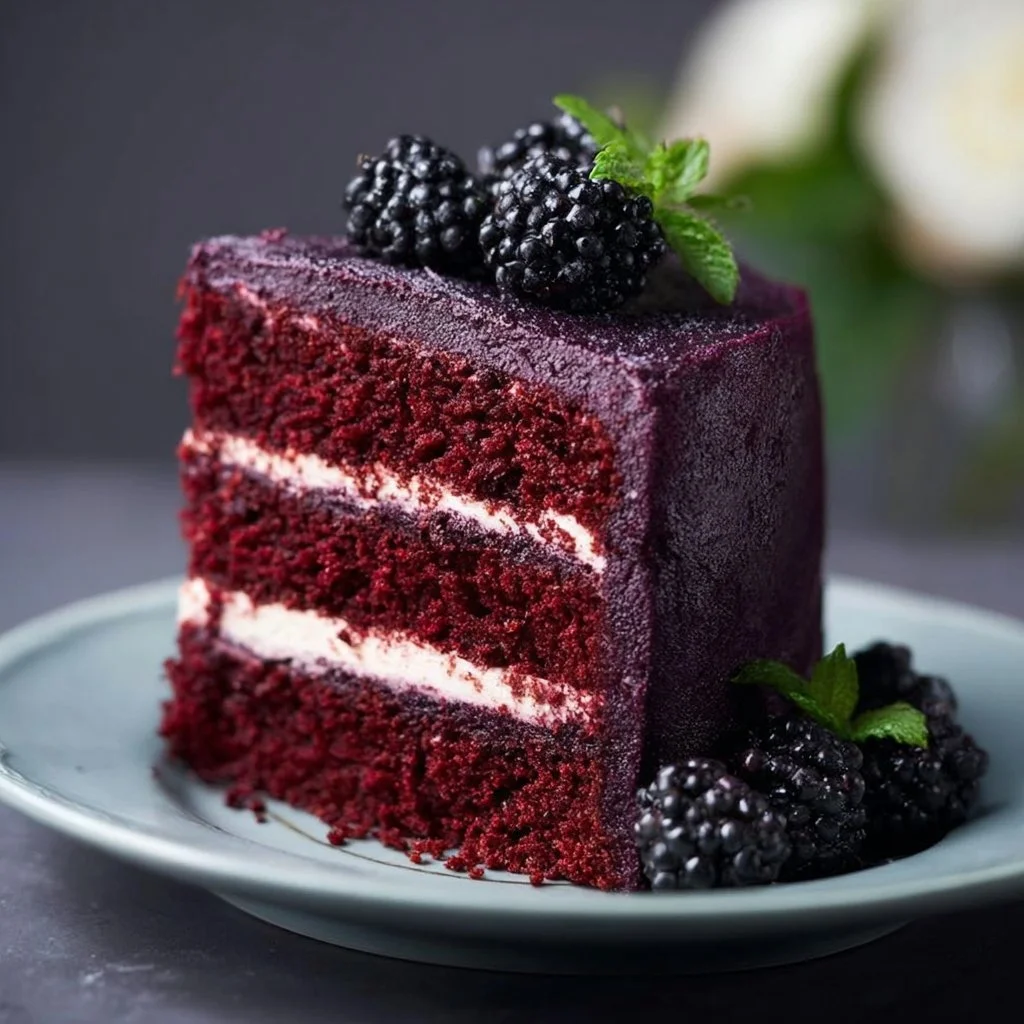 Slice of decadent Blackberry Velvet Cake with fresh blackberries and cream frosting.