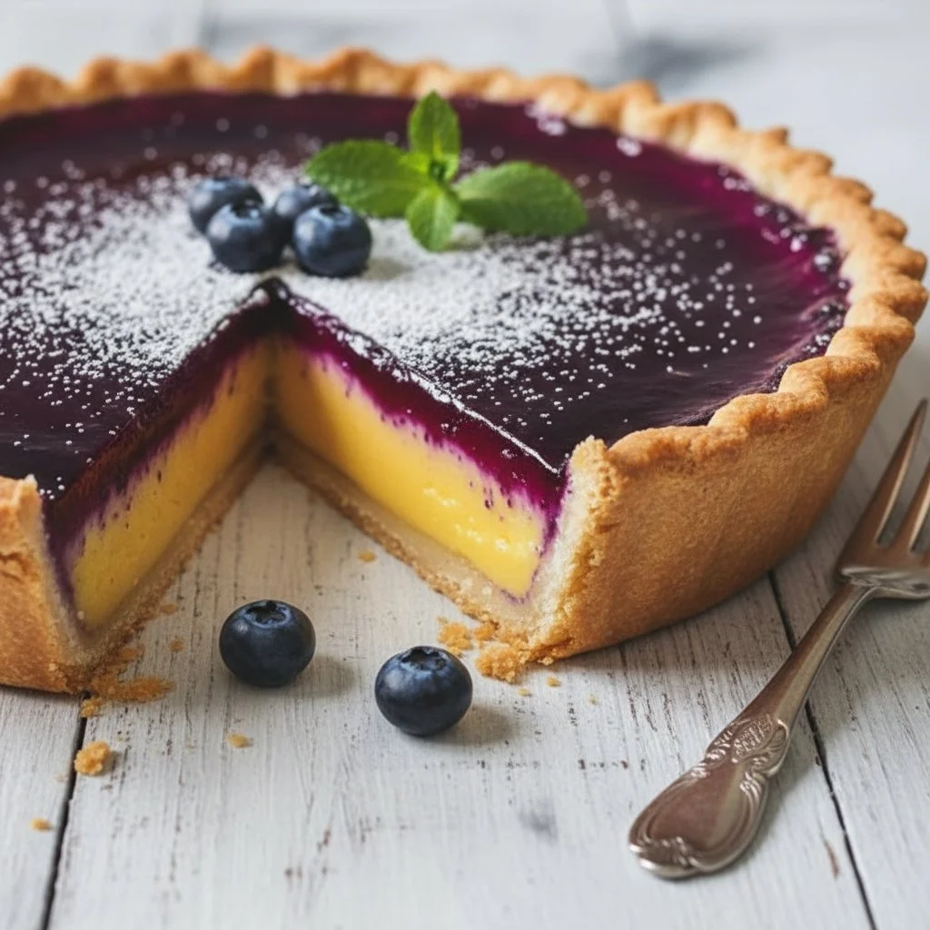 Blueberry-Lemon Curd Tart 3 Delicious blueberry-lemon curd tart served on a white plate with fresh berries