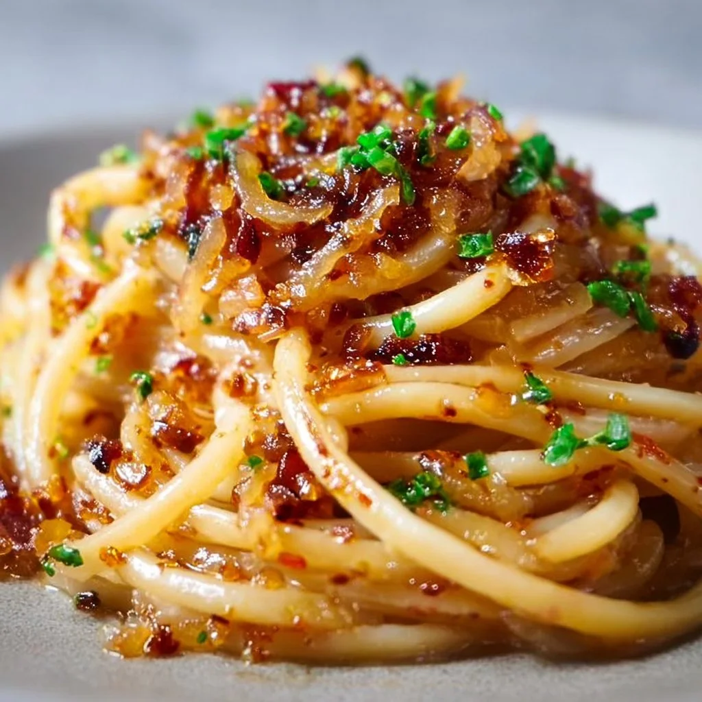 Caramelized Onion Pasta with Chili Oil: A Sweet and Spicy Flavor Bomb 3 Delicious Caramelized Onion Pasta with Chili Oil served in a bowl