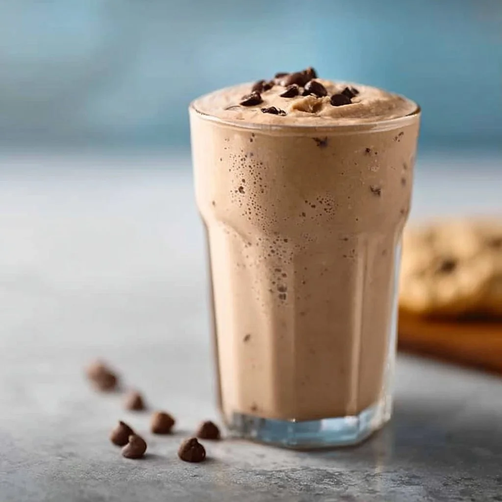 Chocolate Chip Cookie Dough Protein Shake in a glass with chocolate chips on top