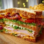 Delicious homemade club sandwich with layers of turkey, bacon, and fresh vegetables.