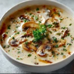 A bowl of creamy cottage cheese mushroom soup garnished with herbs