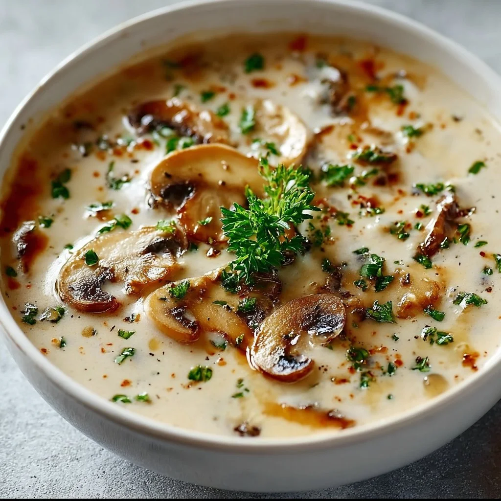 Cottage Cheese Mushroom Soup 3 A bowl of creamy cottage cheese mushroom soup garnished with herbs