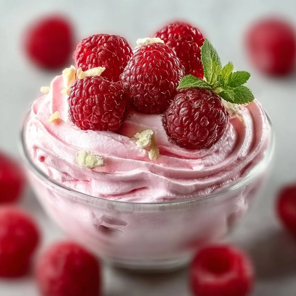 Cottage Cheese Raspberry Mousse 3 Delicious cottage cheese raspberry mousse garnished with fresh raspberries