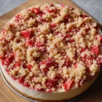 Delicious creamy strawberry crunch cheesecake slice on a plate