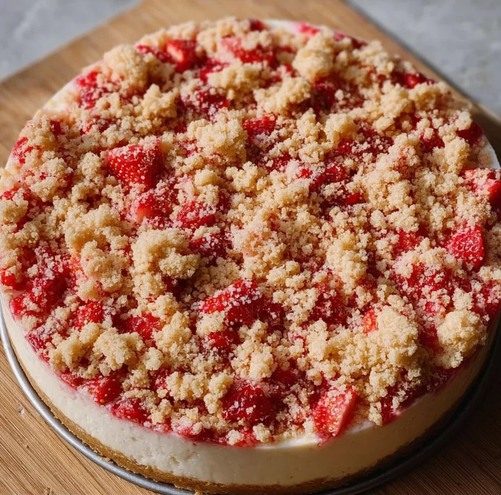 Delicious creamy strawberry crunch cheesecake slice on a plate