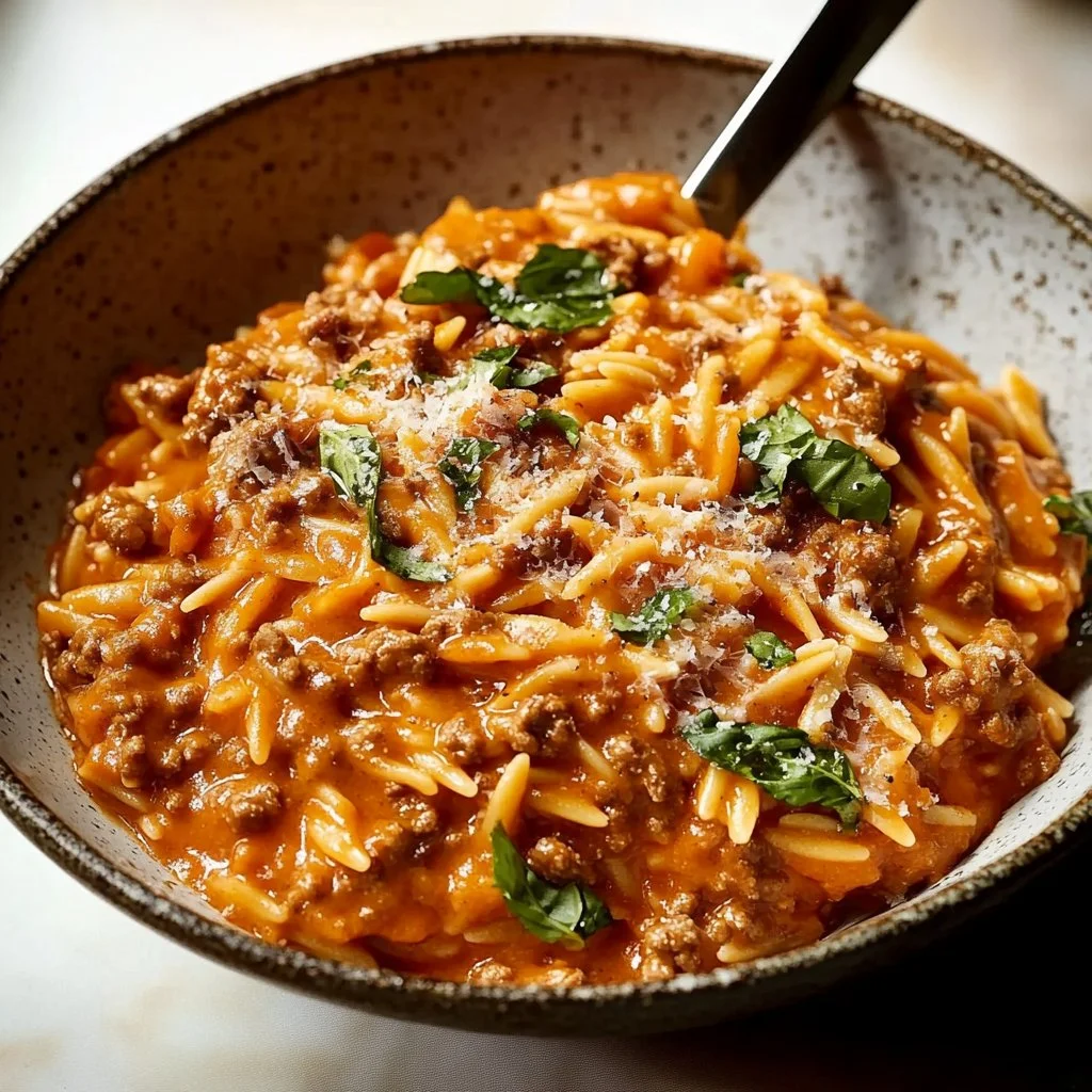 Creamy Tomato Sauce Ground Beef Orzo