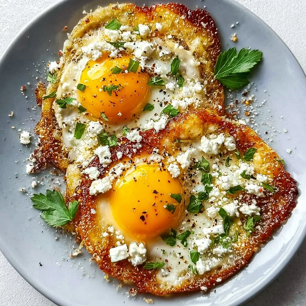 Crispy Feta Fried Eggs 3 Crispy feta fried eggs served on a plate with herbs and seasoning.