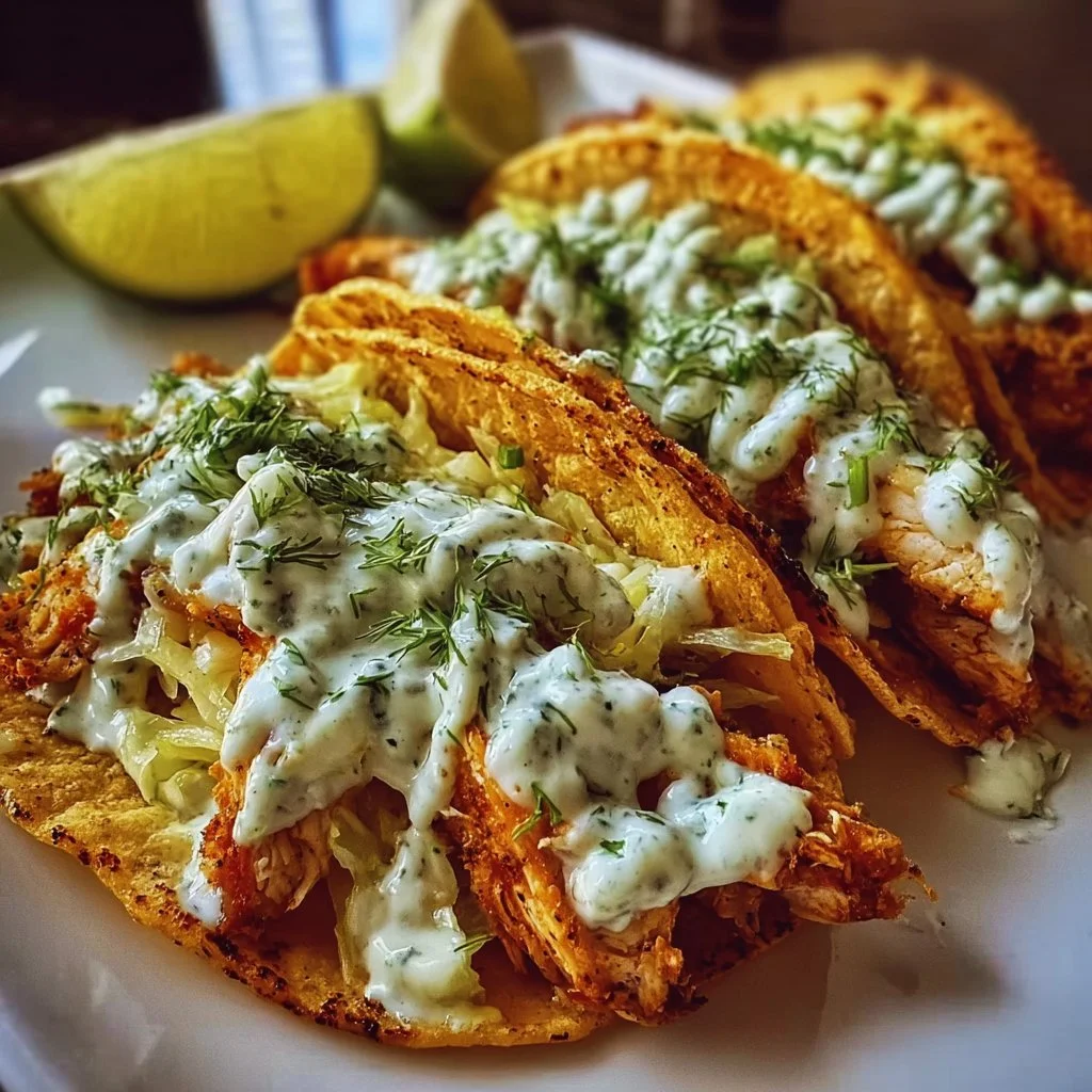 Delicious Dill Pickle Ranch Smash Chicken Tacos served on a plate