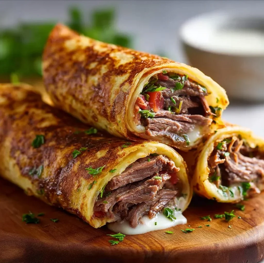 French Dip Tortilla Roll Ups served on a platter with dipping broth
