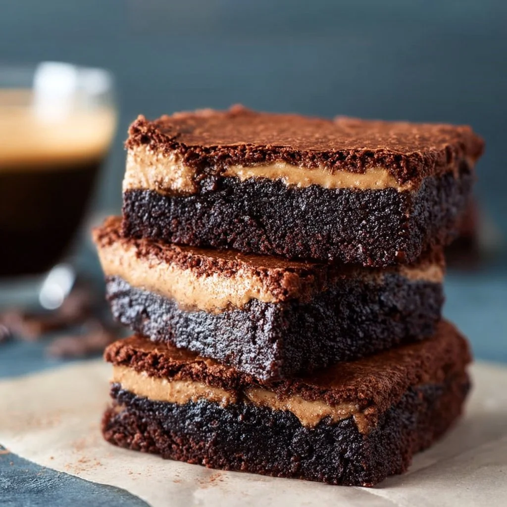 Fudgy Coffee Brownies 3 Fudgy coffee brownies topped with chocolate drizzle on a white plate