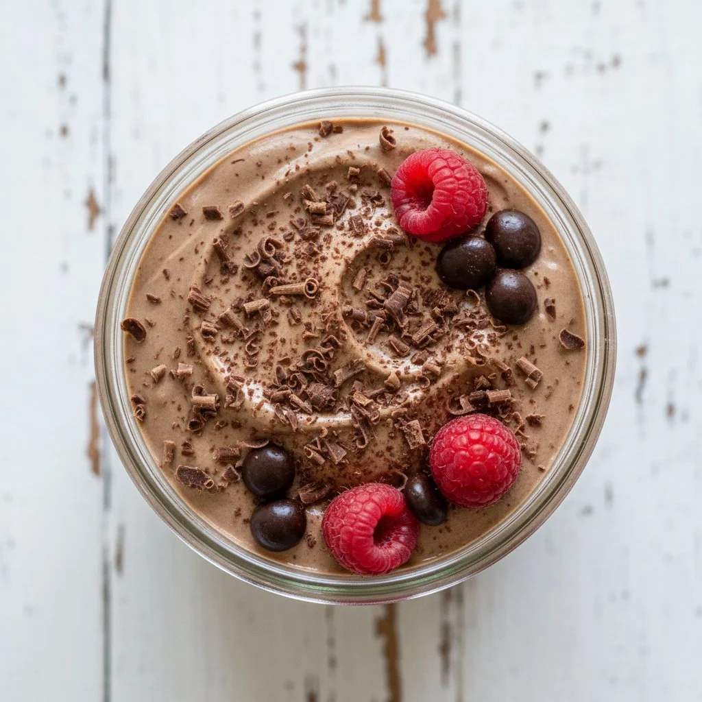 Healthy Greek Yogurt Chocolate Mousse topped with chocolate shavings and mint