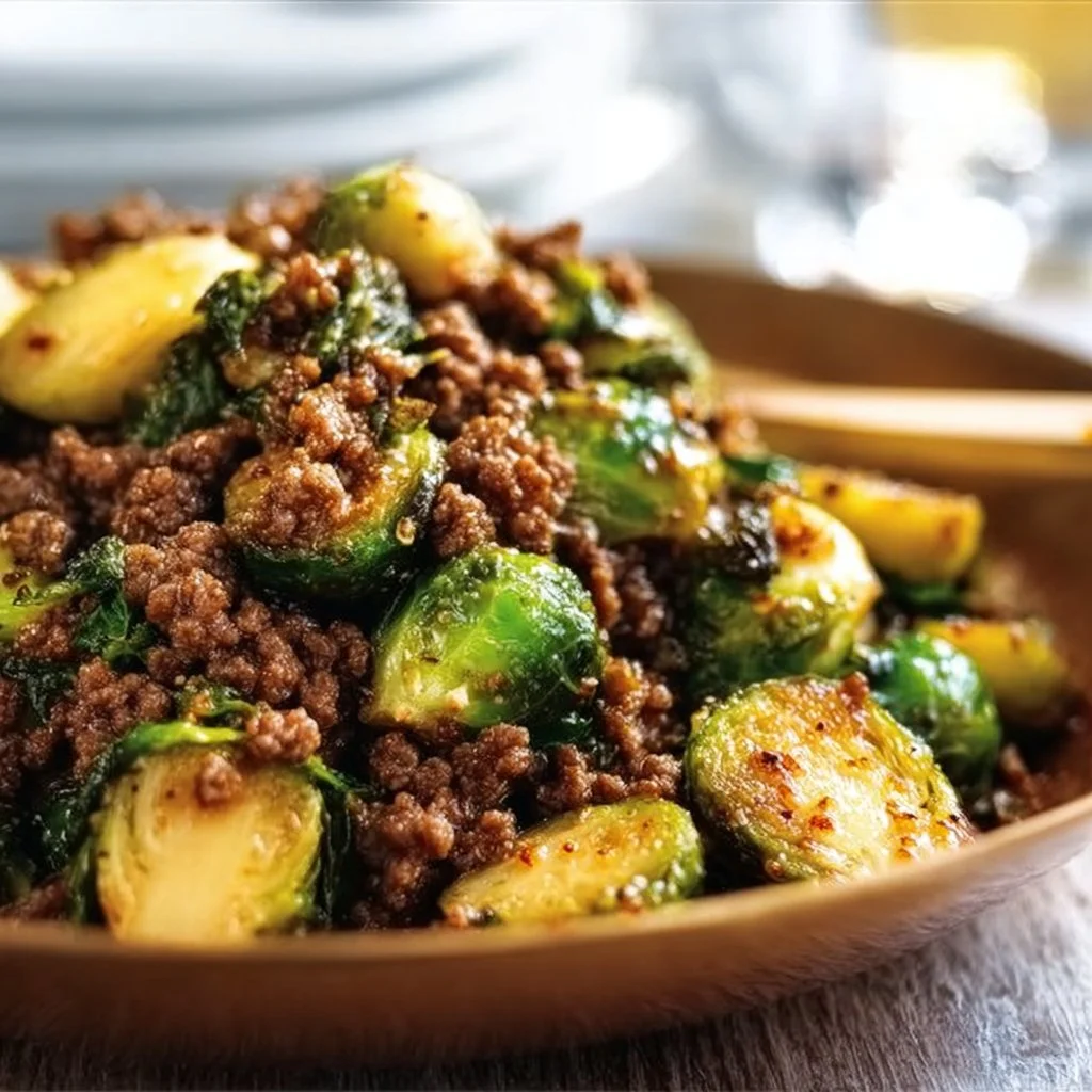 Delicious dish of ground beef sautéed with Brussels sprouts.