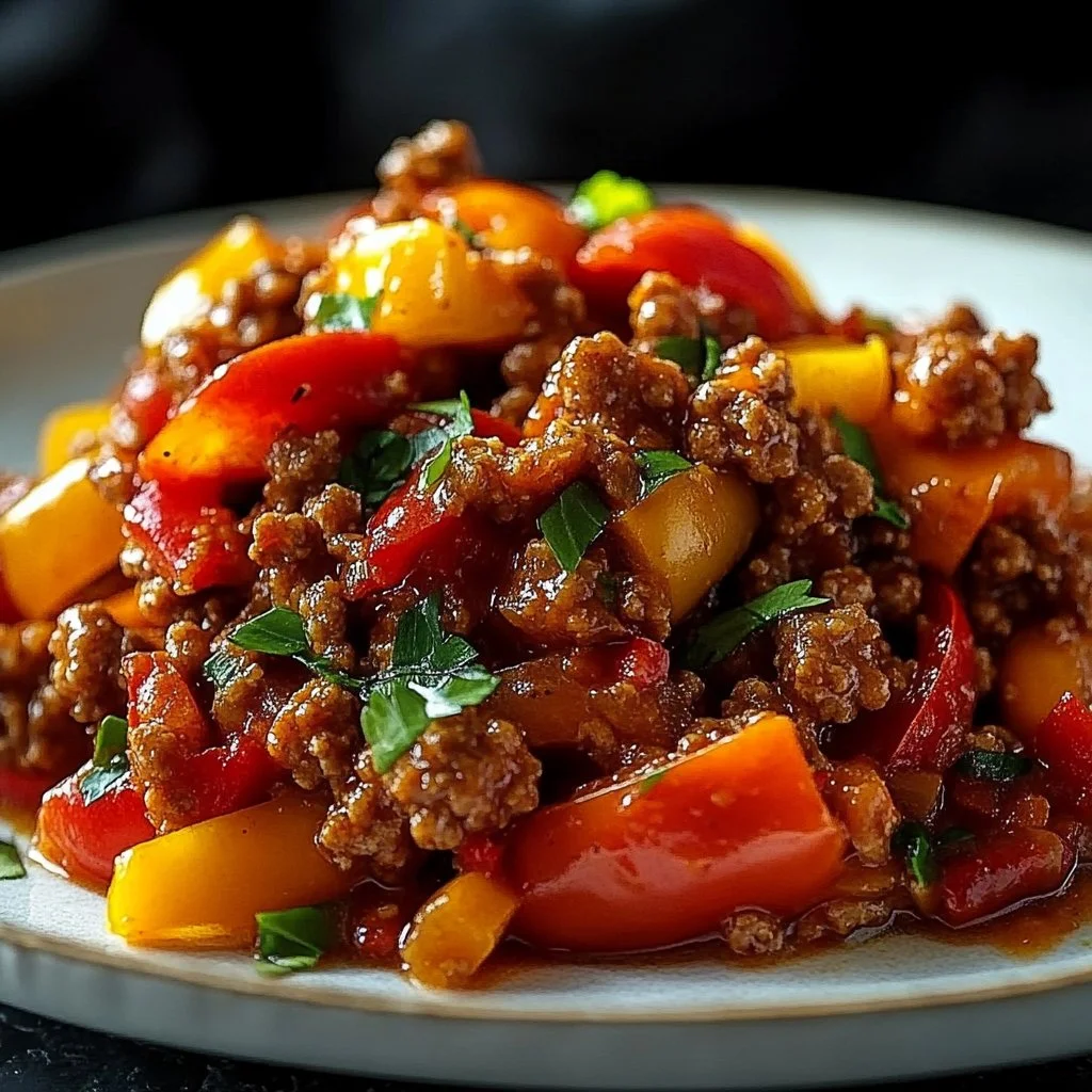 Ground turkey stir-fry with peppers served on a plate