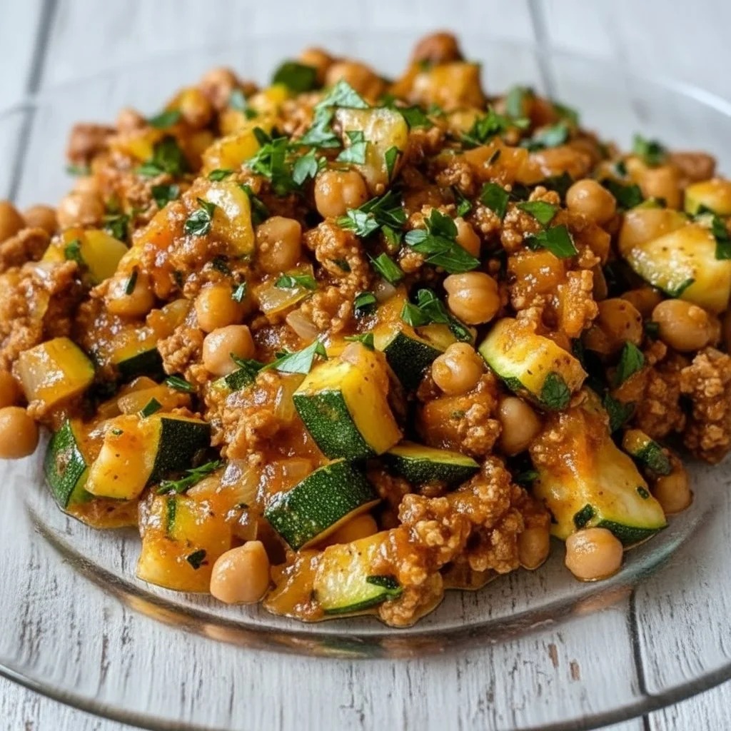 Ground Turkey Zucchini Chickpea Skillet served in a skillet, topped with fresh herbs.