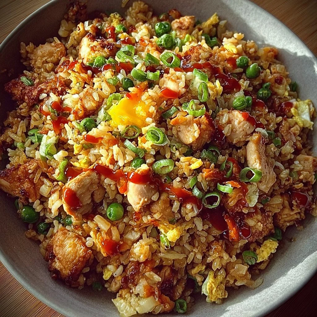 High protein crispy garlic chicken fried rice dish