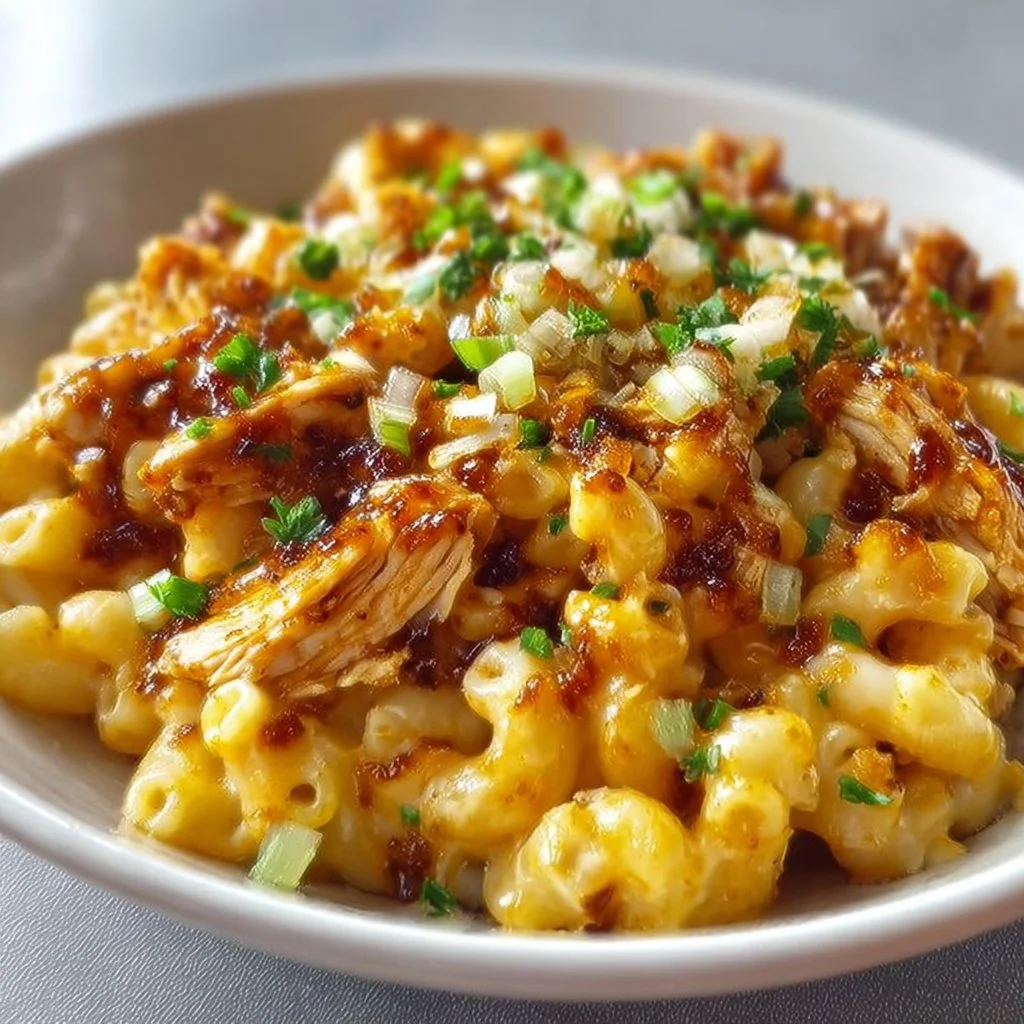 High-Protein Honey BBQ Chicken Mac and Cheese in a creamy bowl
