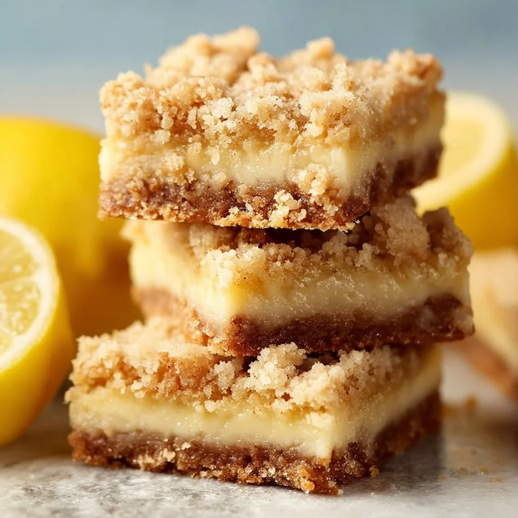 Homemade Lemon Crumb Bars 3 Homemade lemon crumb bars with a crumbly topping and lemon filling on a white plate