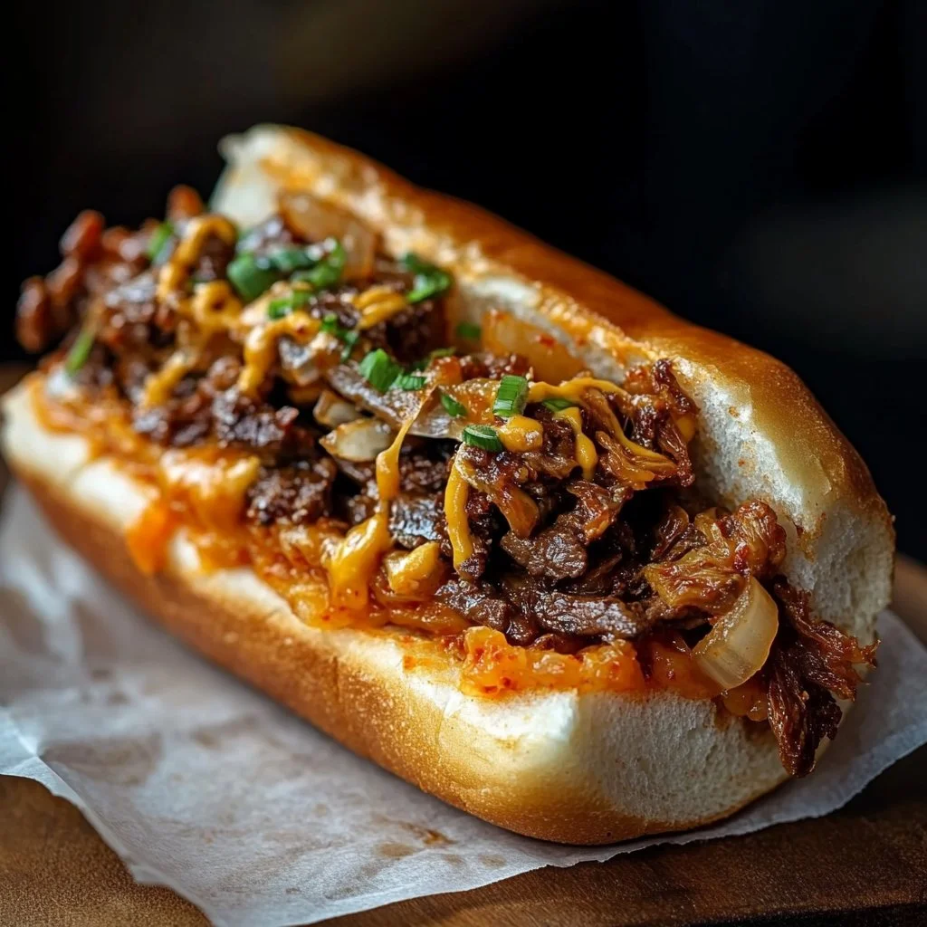 Korean-Inspired Kimchi Bulgogi Cheesesteak 3 Korean-inspired kimchi bulgogi cheesesteak with melted cheese and fresh ingredients