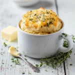 Microwave cheddar and herb biscuit in a mug with herbs on top