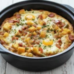 Hearty Mountain Man Crock Pot Breakfast in a bowl with eggs, sausage, and vegetables