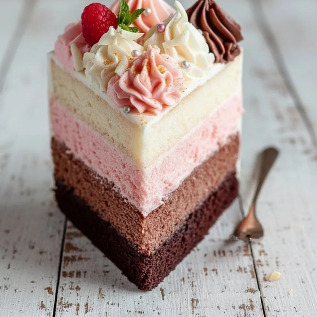 Neapolitan Cake 3 Delicious Neapolitan Cake with layers of chocolate, vanilla, and strawberry frosting