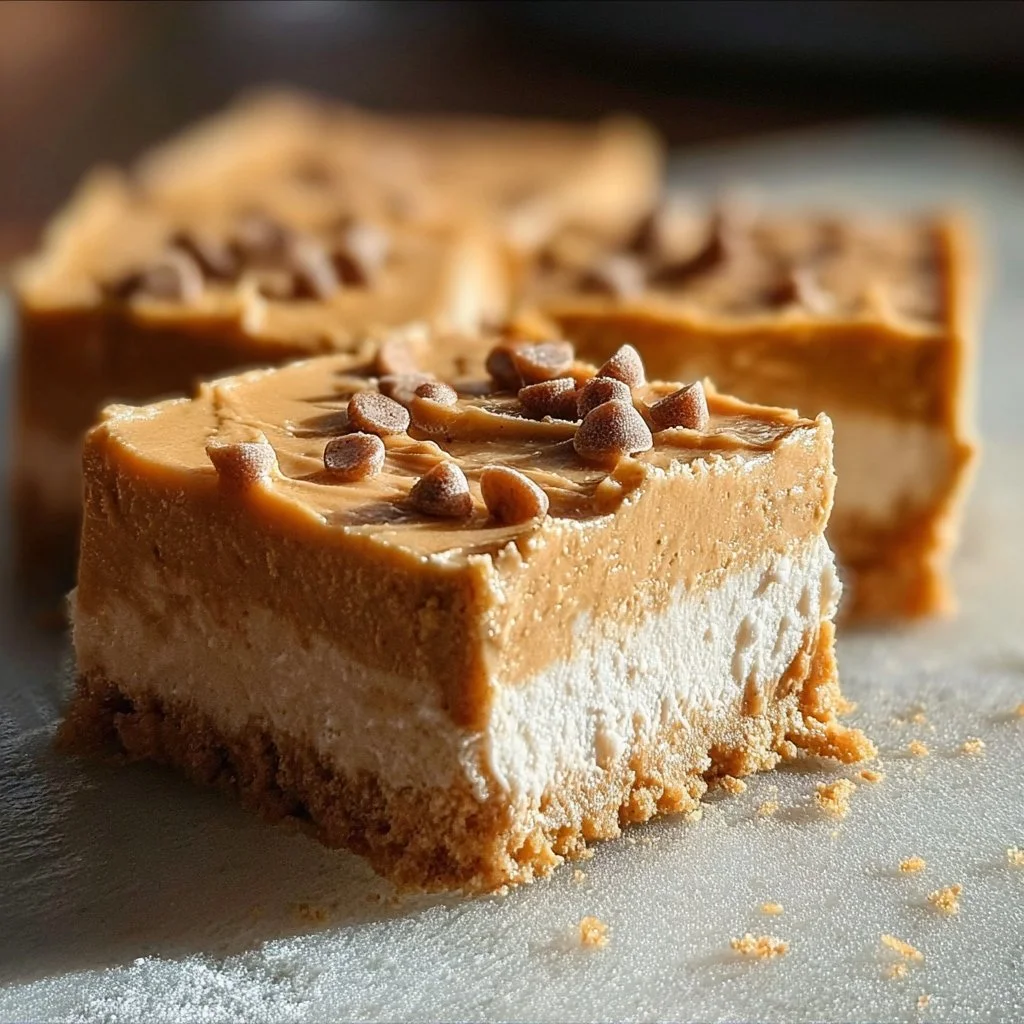 No Bake Peanut Butter Cheesecake Bars topped with chocolate drizzle