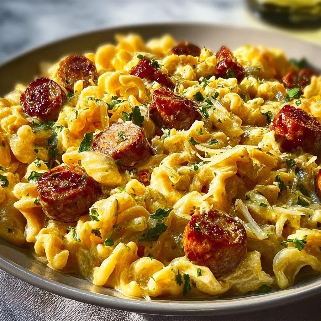One-Pan White Cheddar Ranch Sausage Magic Pasta 3 One-Pan White Cheddar Ranch Sausage Pasta ready to serve in a skillet.