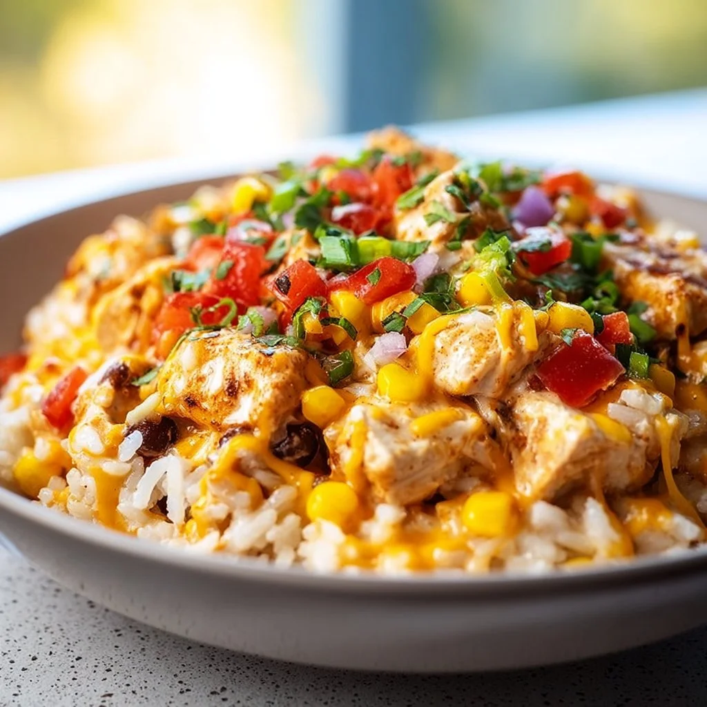 One-Pot Cheesy Southwest Chicken & Rice 3 One-Pot Cheesy Southwest Chicken & Rice with creamy sauce and colorful toppings