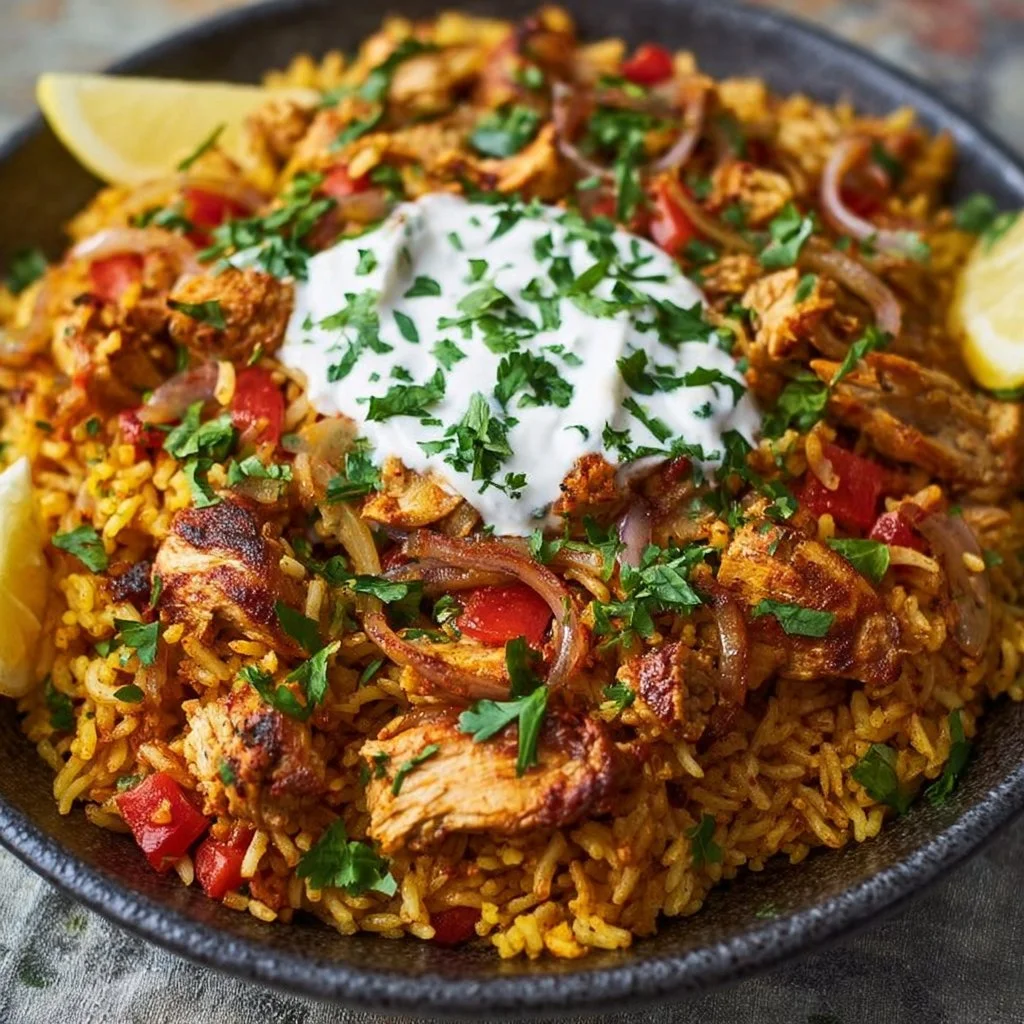 One Pot Chicken Shawarma Rice 3 Delicious One Pot Chicken Shawarma Rice served in a bowl with garnishes.