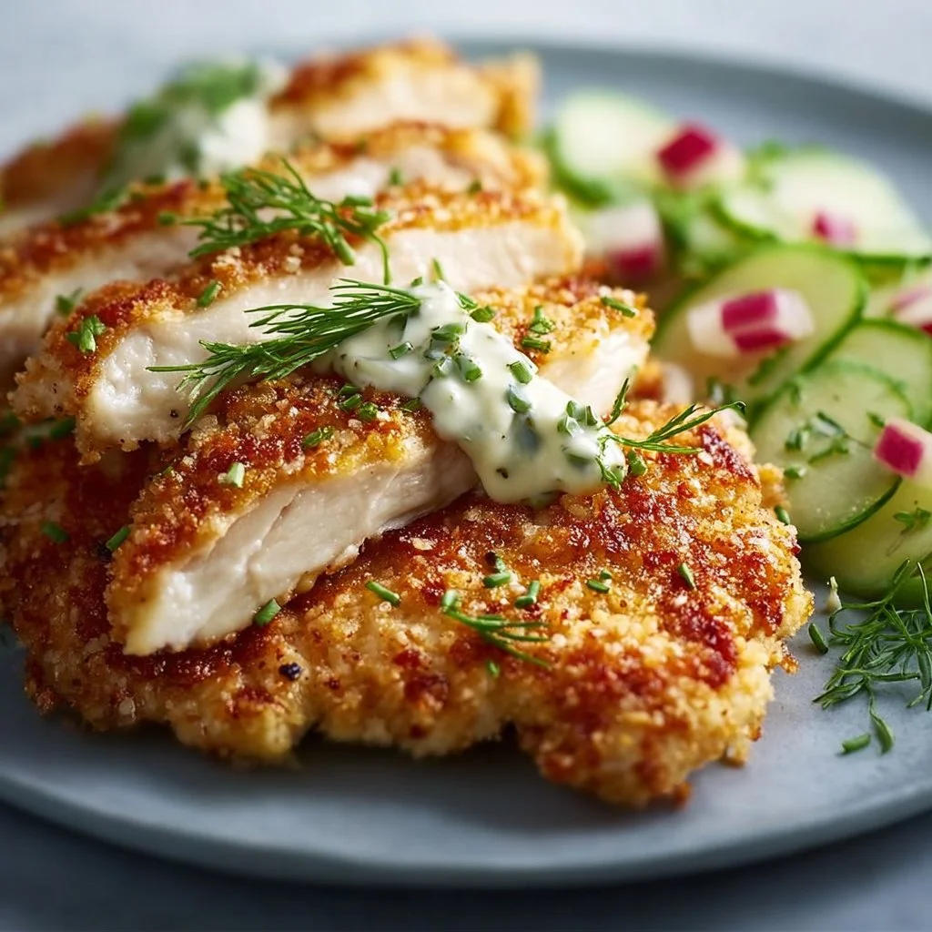 Deliciously baked Parmesan Chicken garnished with herbs and served on a plate