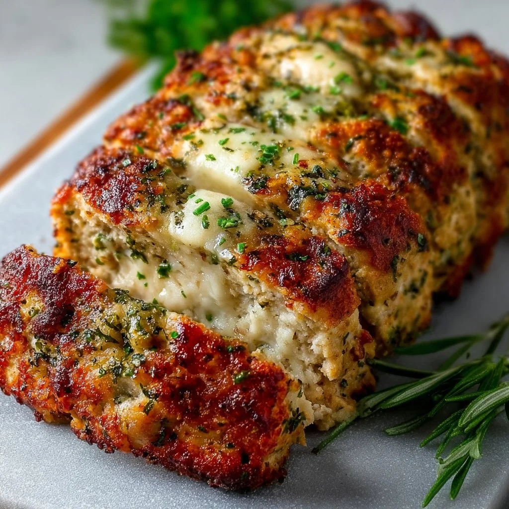 A deliciously baked Parmesan Chicken Meatloaf served with herbs and cheese