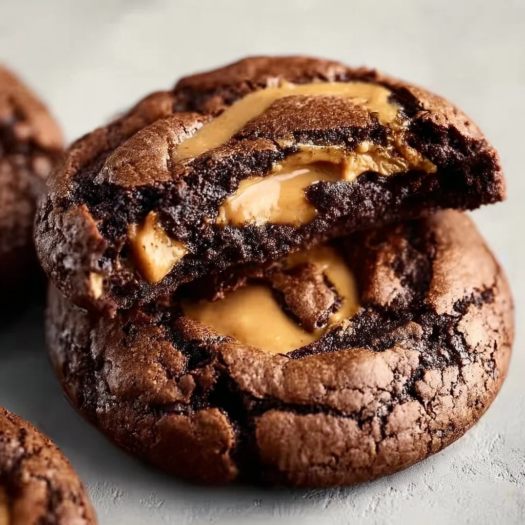 Peanut Butter Filled Brownie Cookies 3 Peanut butter filled brownie cookies on a plate, rich and decadent dessert