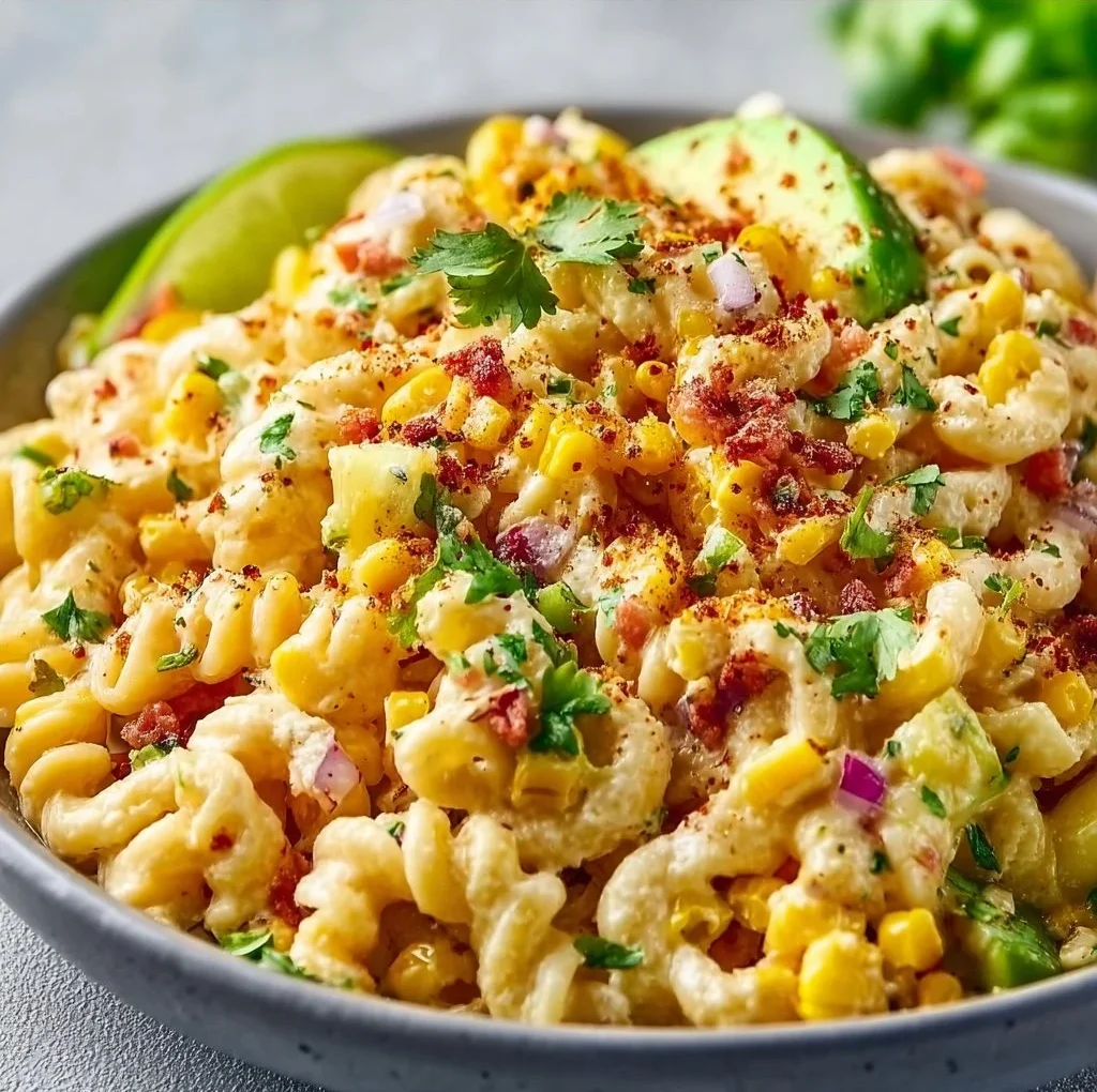 Perfect Mexican Street Corn Pasta Salad 3 Delicious Mexican Street Corn Pasta Salad in a bowl with fresh toppings