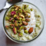 Bowl of delicious pistachio overnight oats topped with nuts and fruits