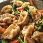 Delicious potsticker stir fry featuring vibrant vegetables and savory dumplings.