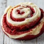 Delicious Red Velvet Cinnamon Rolls topped with cream cheese icing on a festive table