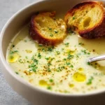 Bowl of rustic country French style garlic soup garnished with herbs.