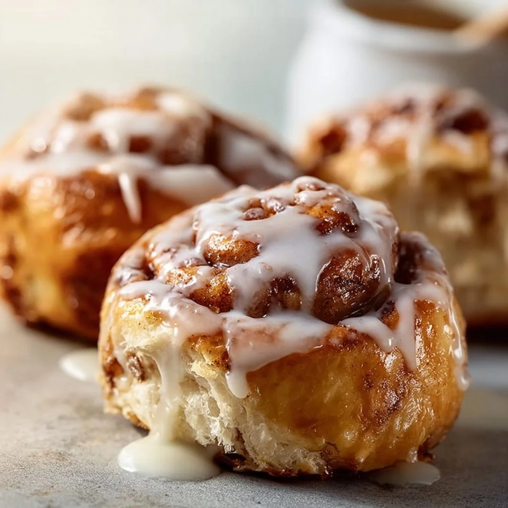 Freshly baked sourdough discard cinnamon rolls with icing on top.