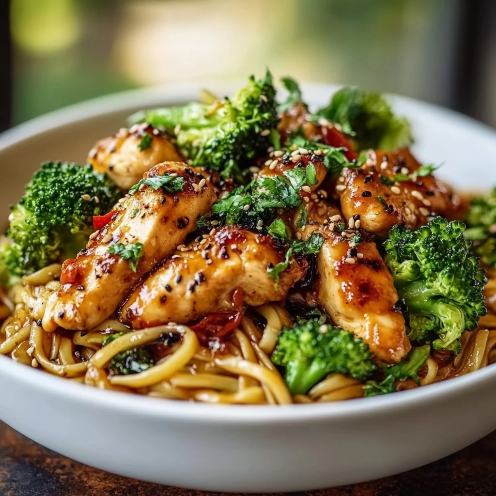Spicy Garlic Chicken and Broccoli Noodle Bowls Delight You!
