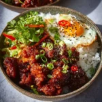 Sticky Korean Fried Chicken served with rice in a delicious bowl